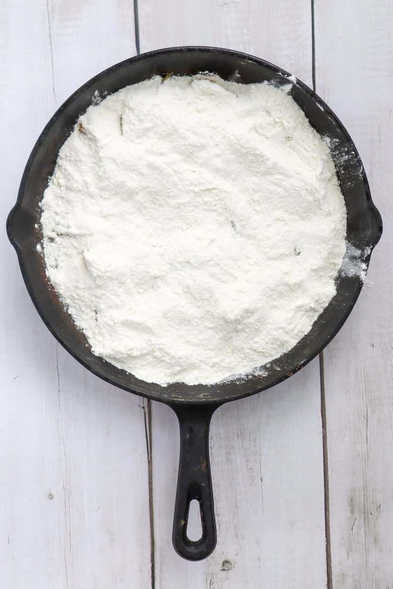 skillet peach cake ready for oven