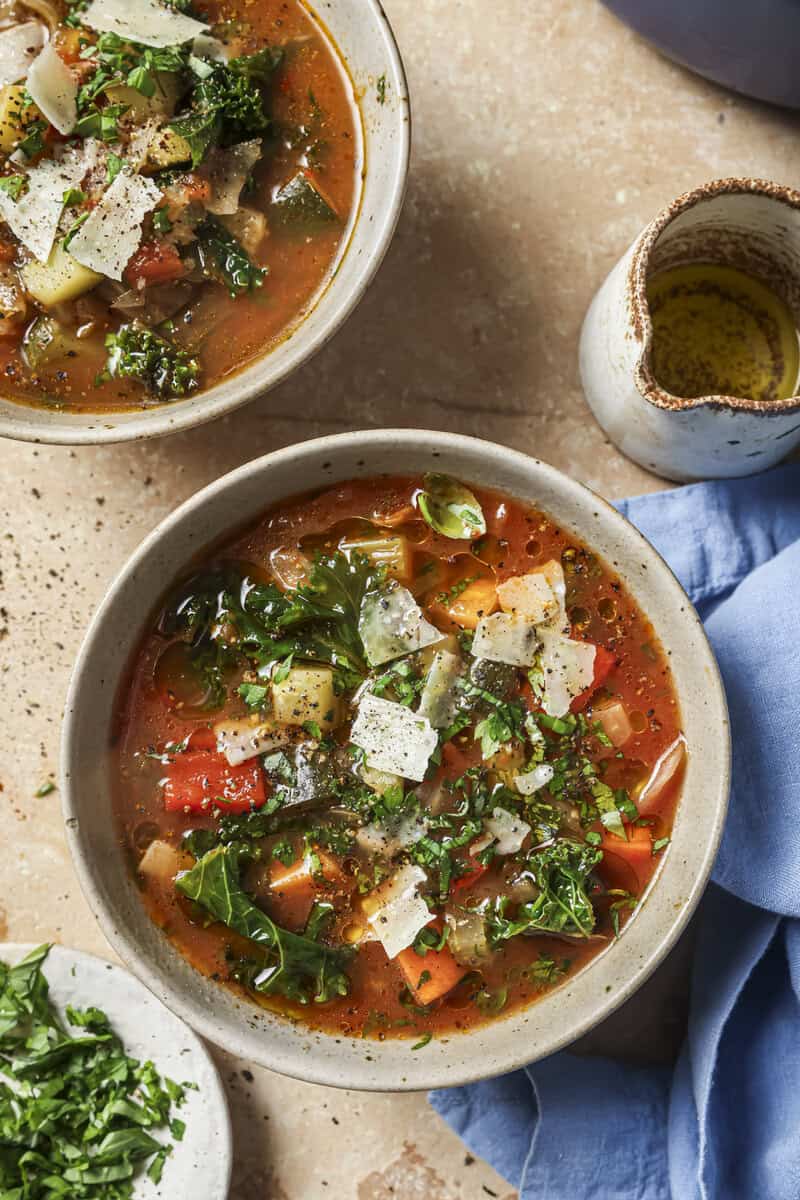 Mediterranean Vegetable Soup in a bowl with cheese