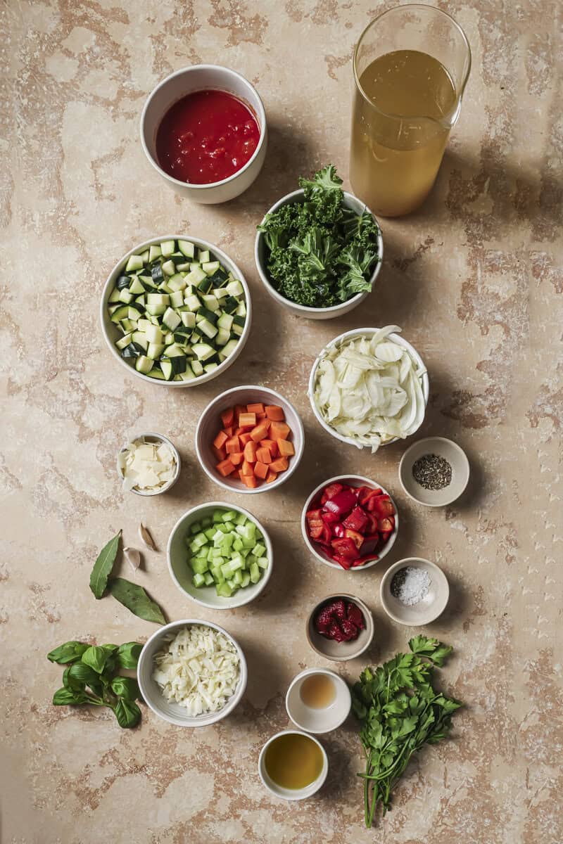 vegetables in small bowls for vegetable soup