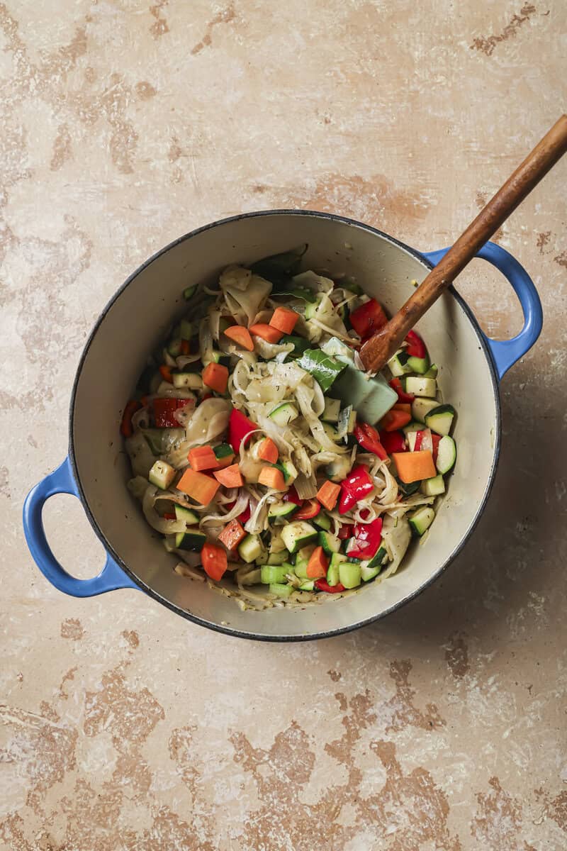 vegetables and tomato paste in pot