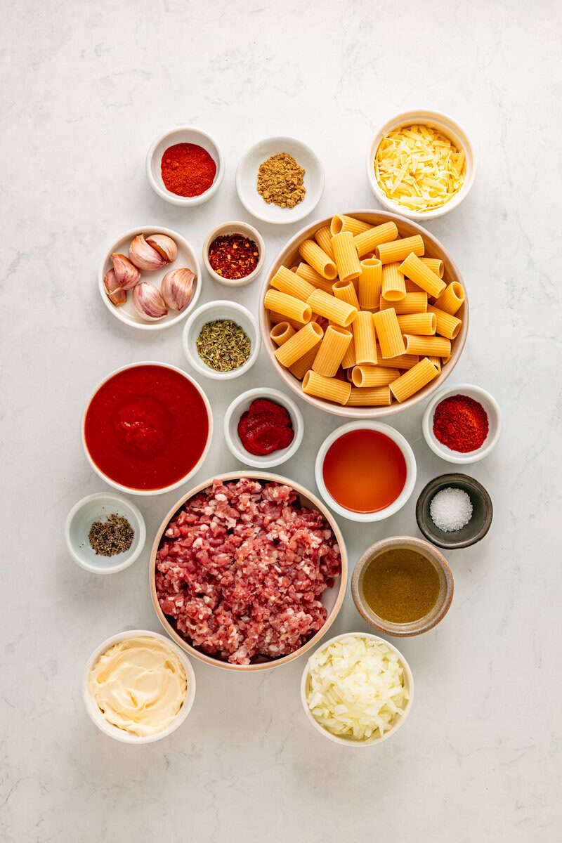 ground beef, tomatoes and all ingredients for Creamy Chorizo Pasta