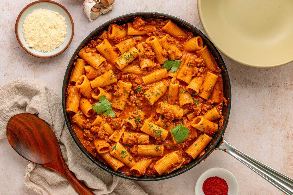 creamy chorizo pasta in a skillet 