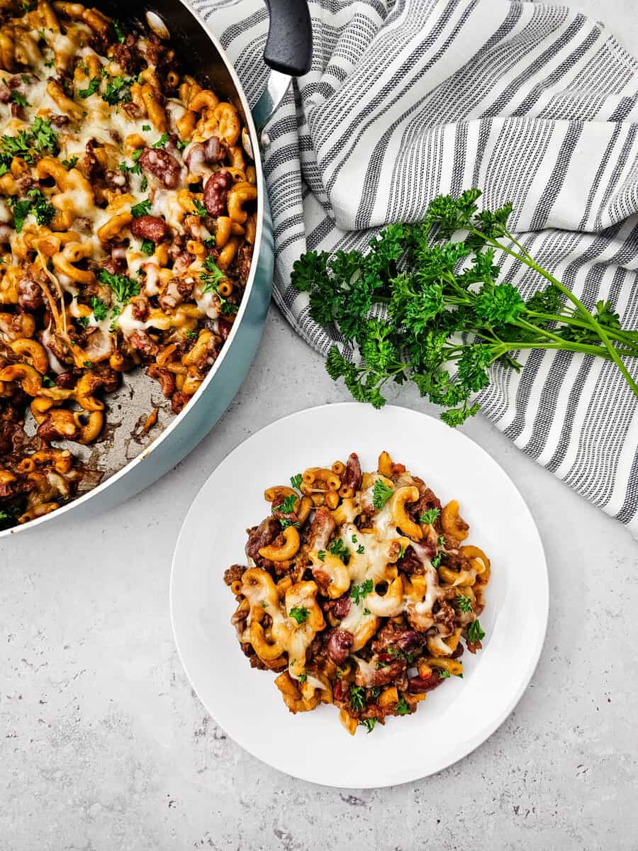 One Skillet Chili Mac on a white plate