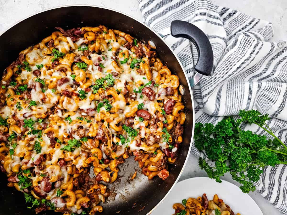 One Skillet Chili Mac in a pan