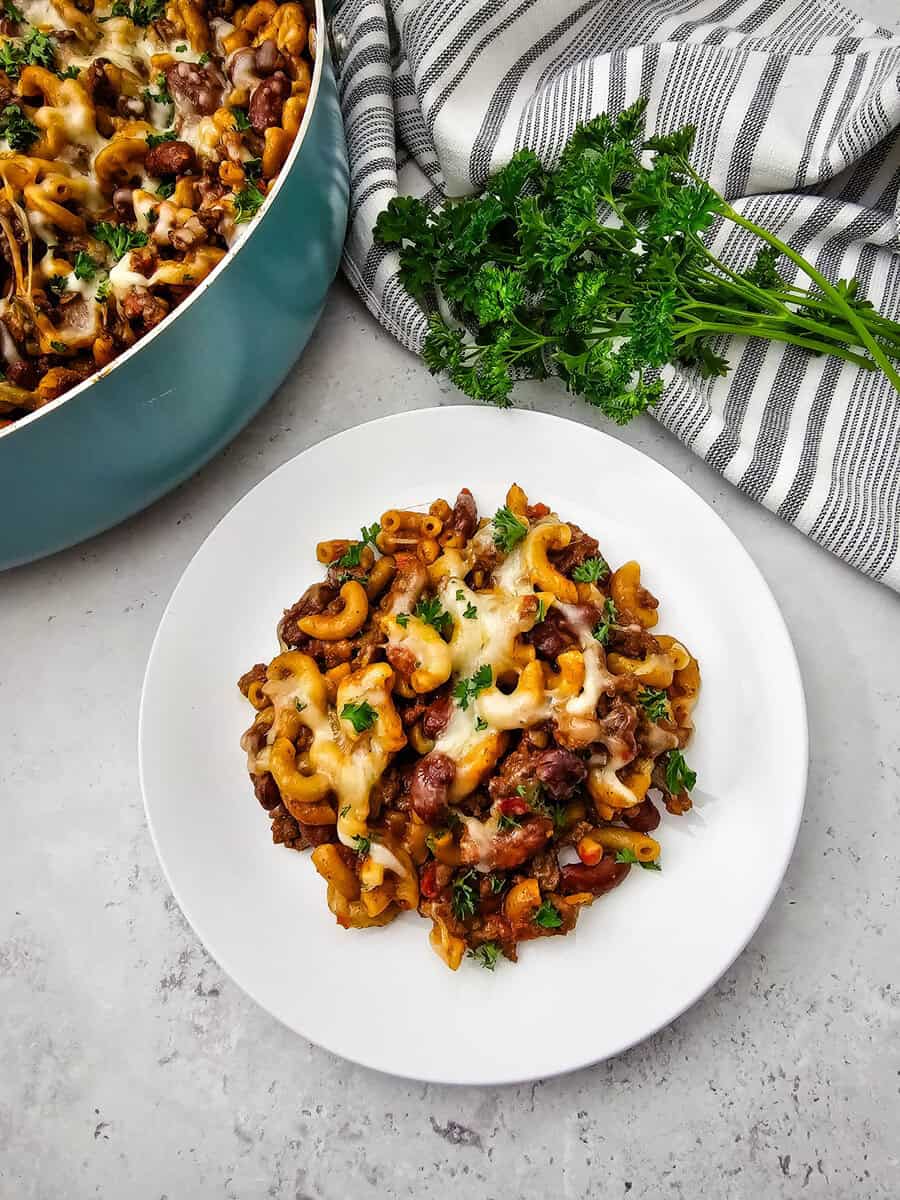 One Skillet Chili Mac on a white plate