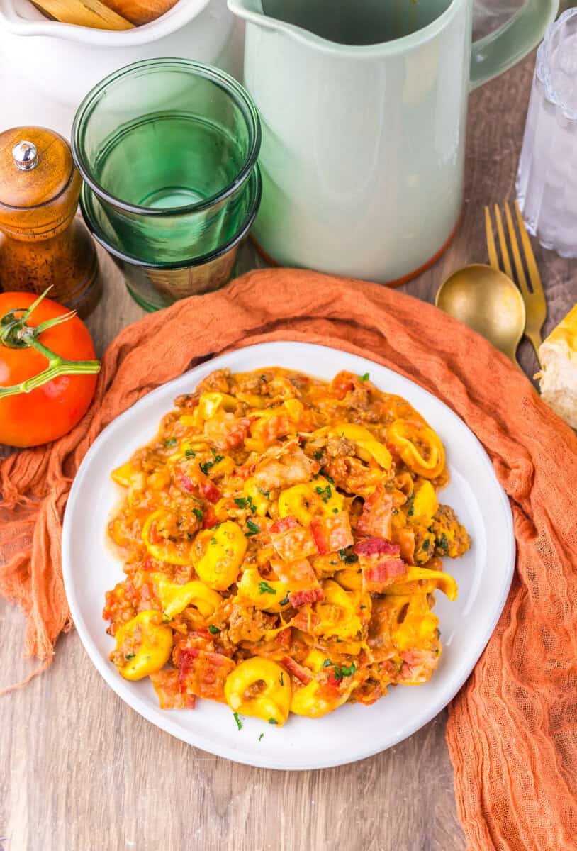 Slow Cooker Bacon Cheeseburger Tortellini  on a plate