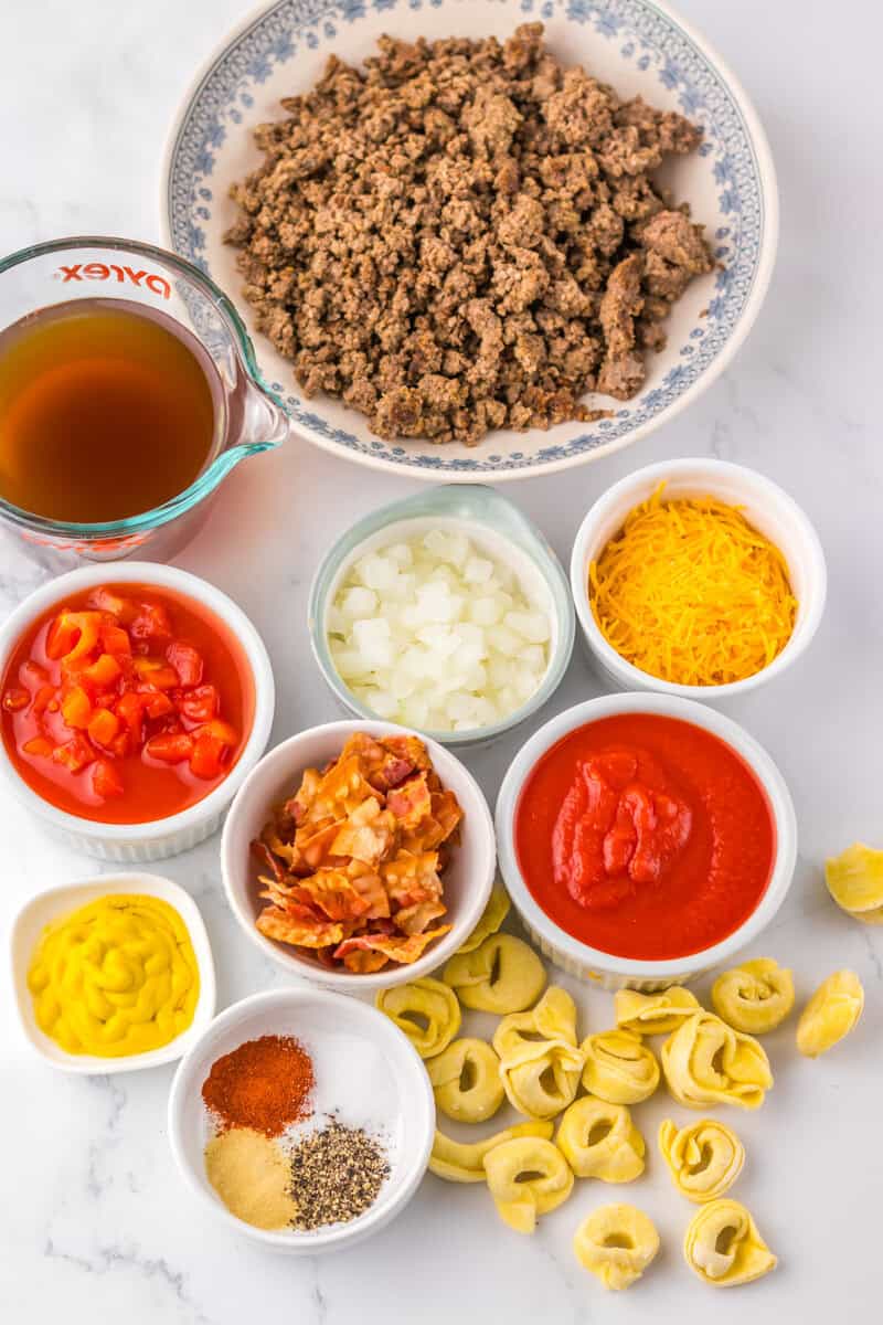 ingredients for Slow Cooker Bacon Cheeseburger Tortellini 