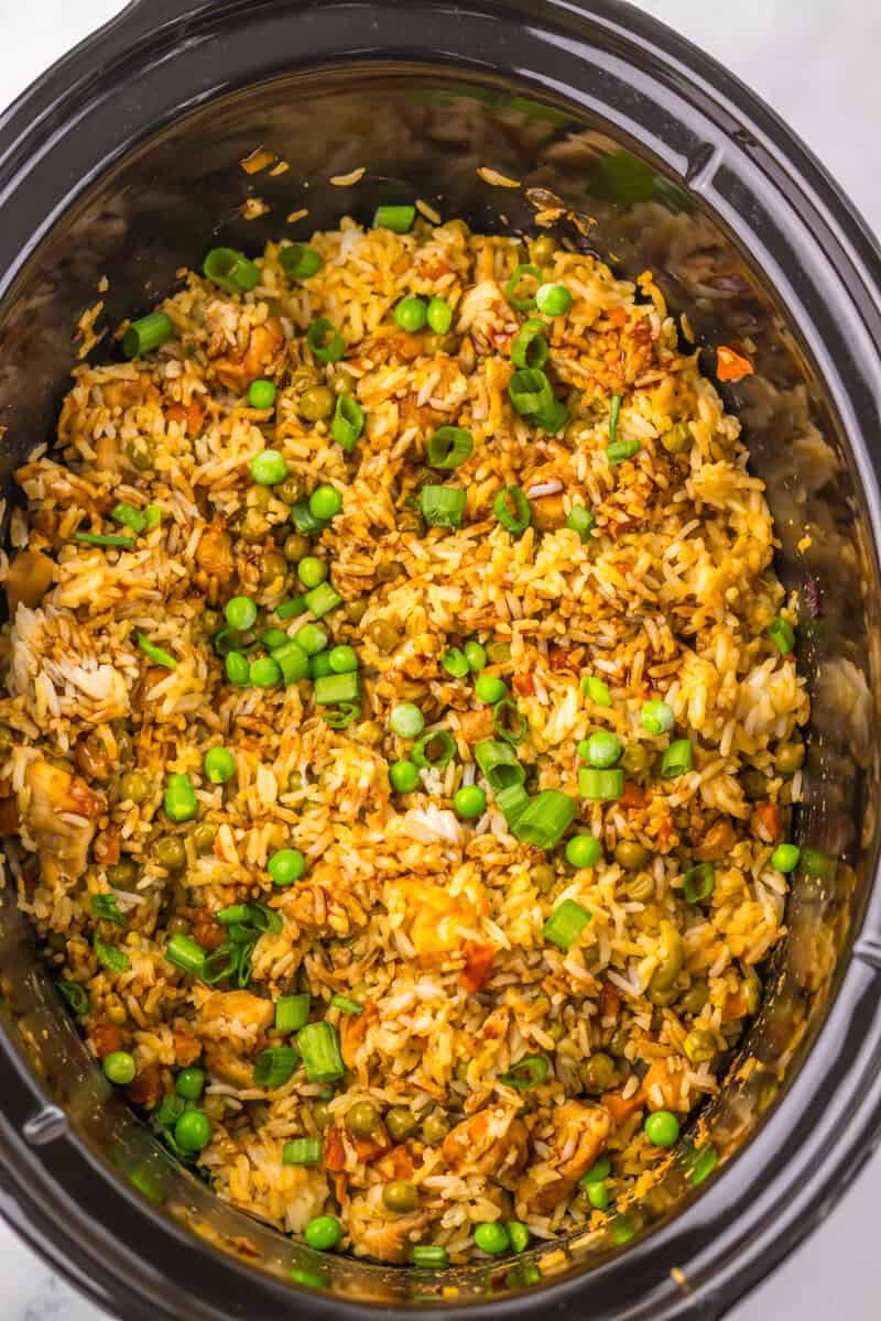 cooked rice, chicken, vegetables and spices in the slow cooker