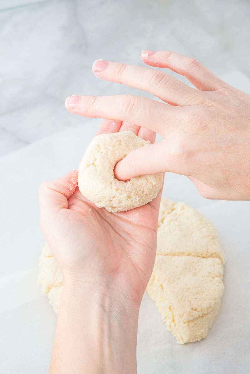gluten free almond flour bagels  rolled into a ball and hole put in middle