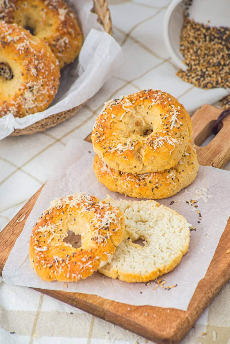sliced bagels on a cutting board