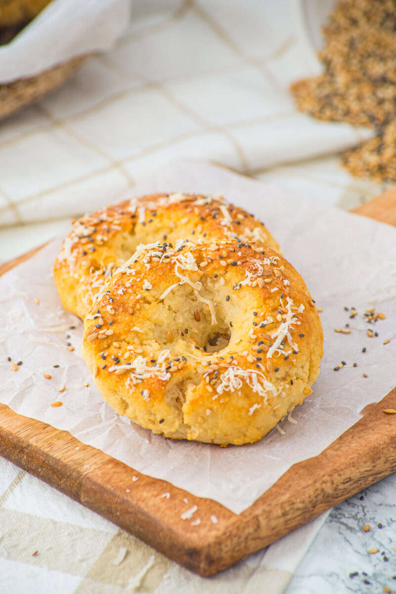 gluten free almond flour bagels on a cutting board