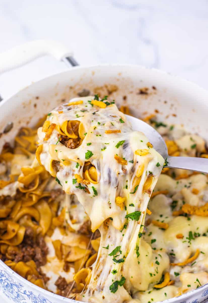 spoonful of cheesy beef noodle casserole