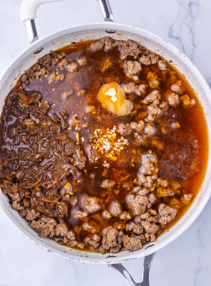 french onion sauce in the beef noodle skillet