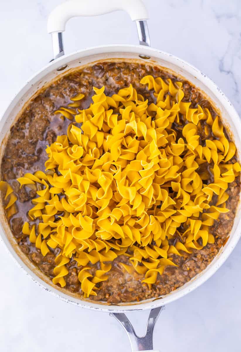 pasta added to beef noodle skillet