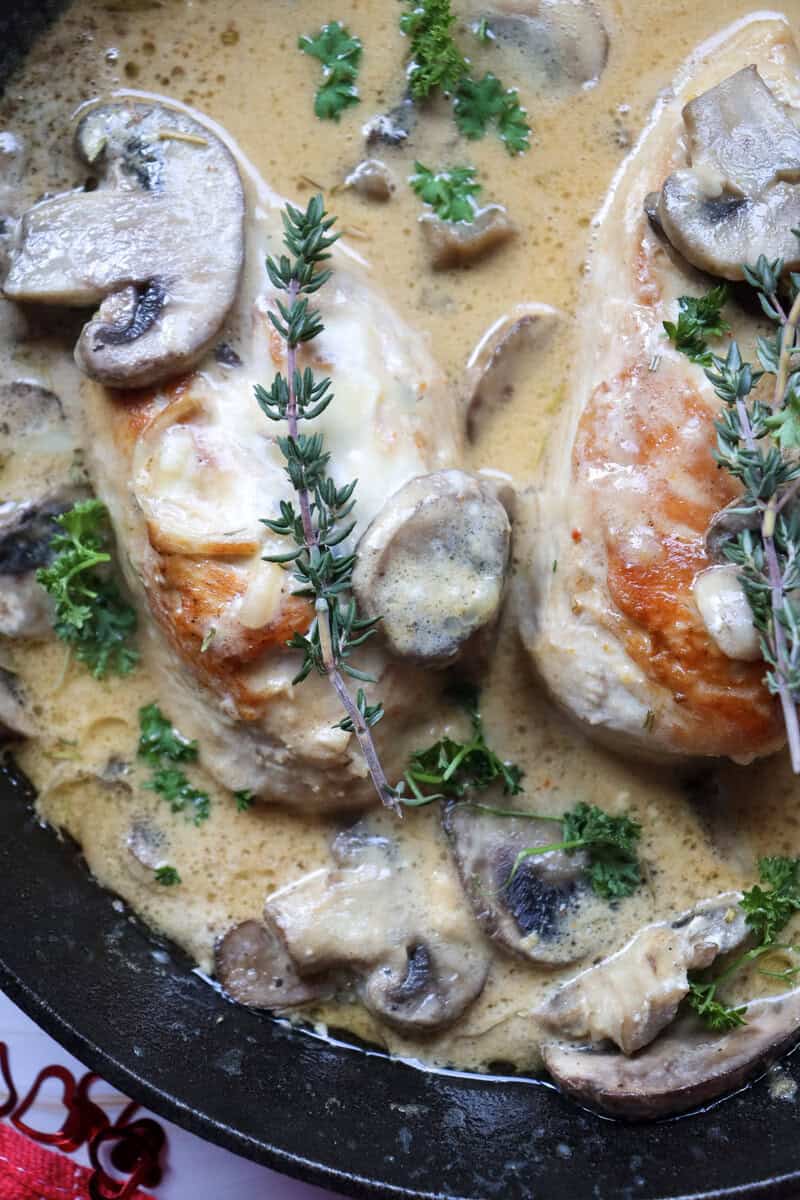 Mushroom White Wine Marry Me Chicken in a skillet 