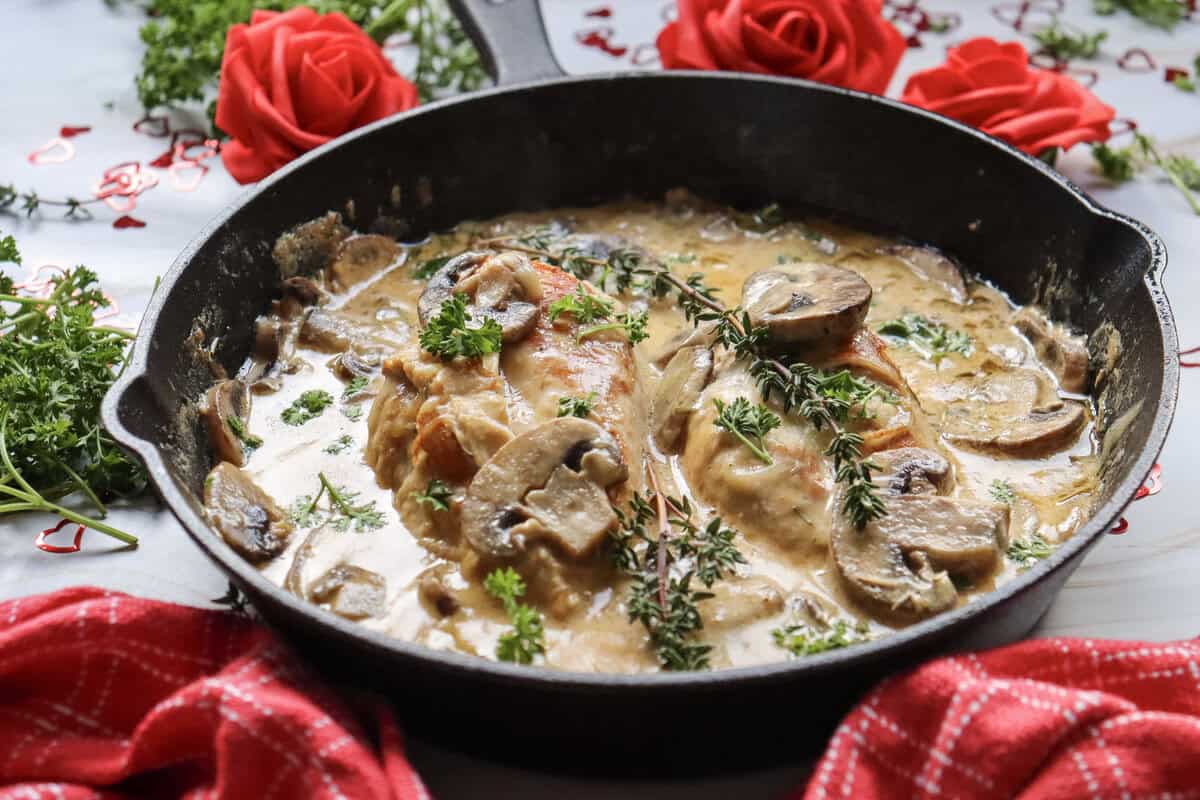 Mushroom White Wine Marry Me Chicken in a skillet