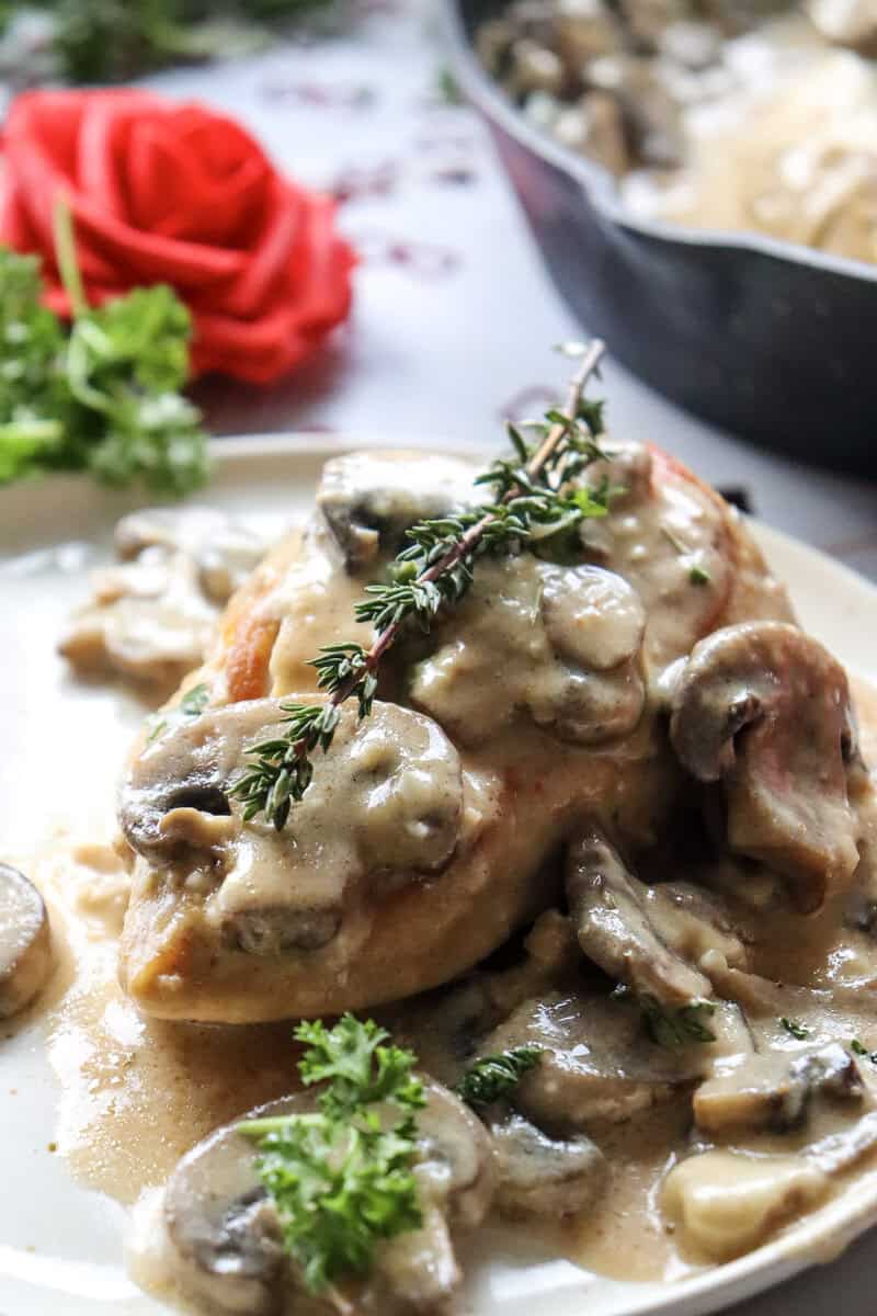 Mushroom White Wine Marry Me Chicken with fresh rosemary on top