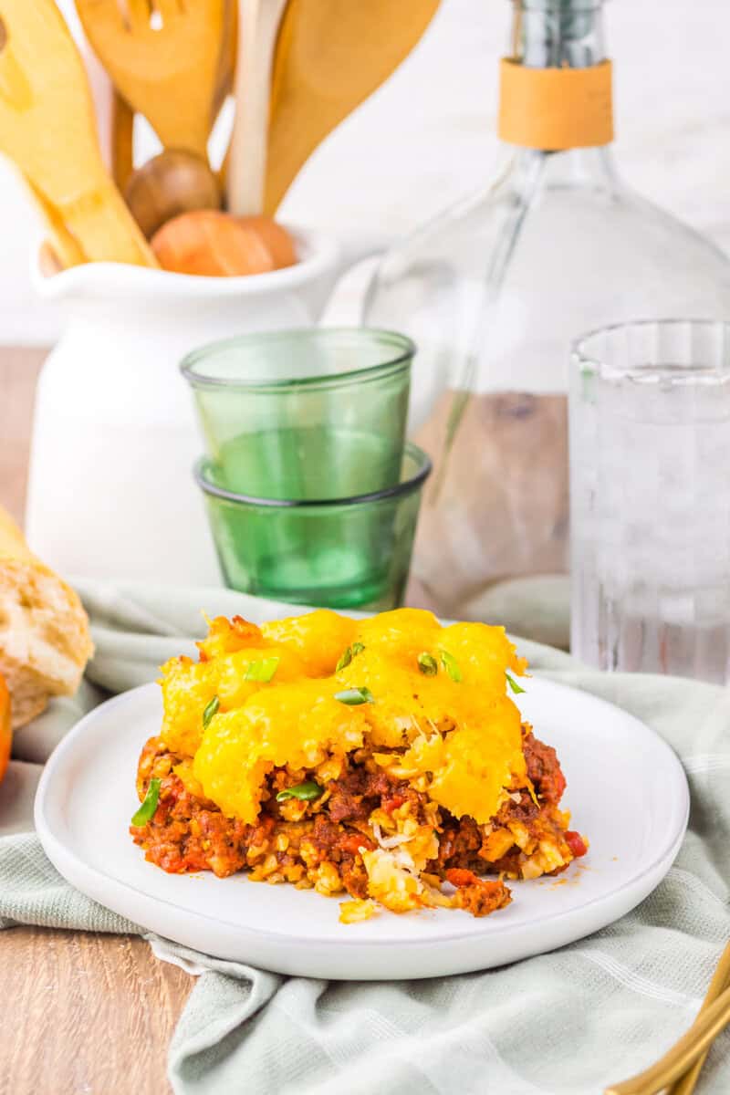 slice of Slow Cooker Chili Cheese Tatertot Casserole 