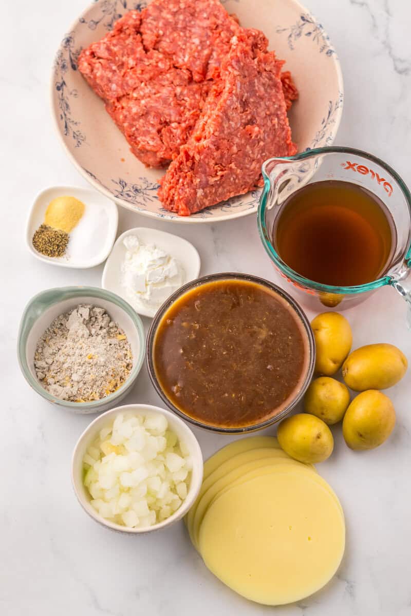 ingredients for Slow Cooker French Onion Beef and Potatoes