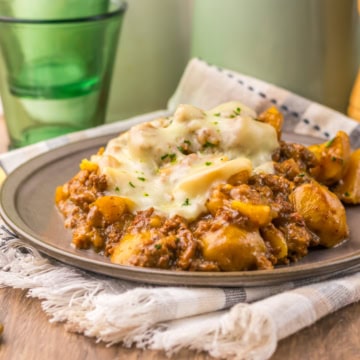 Slow Cooker French Onion Beef and Potatoes on a plate