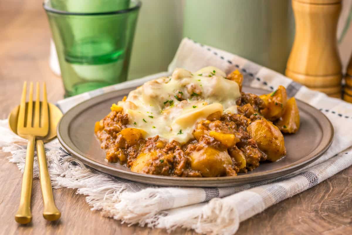 Slow Cooker French Onion Beef and Potatoes on a plate