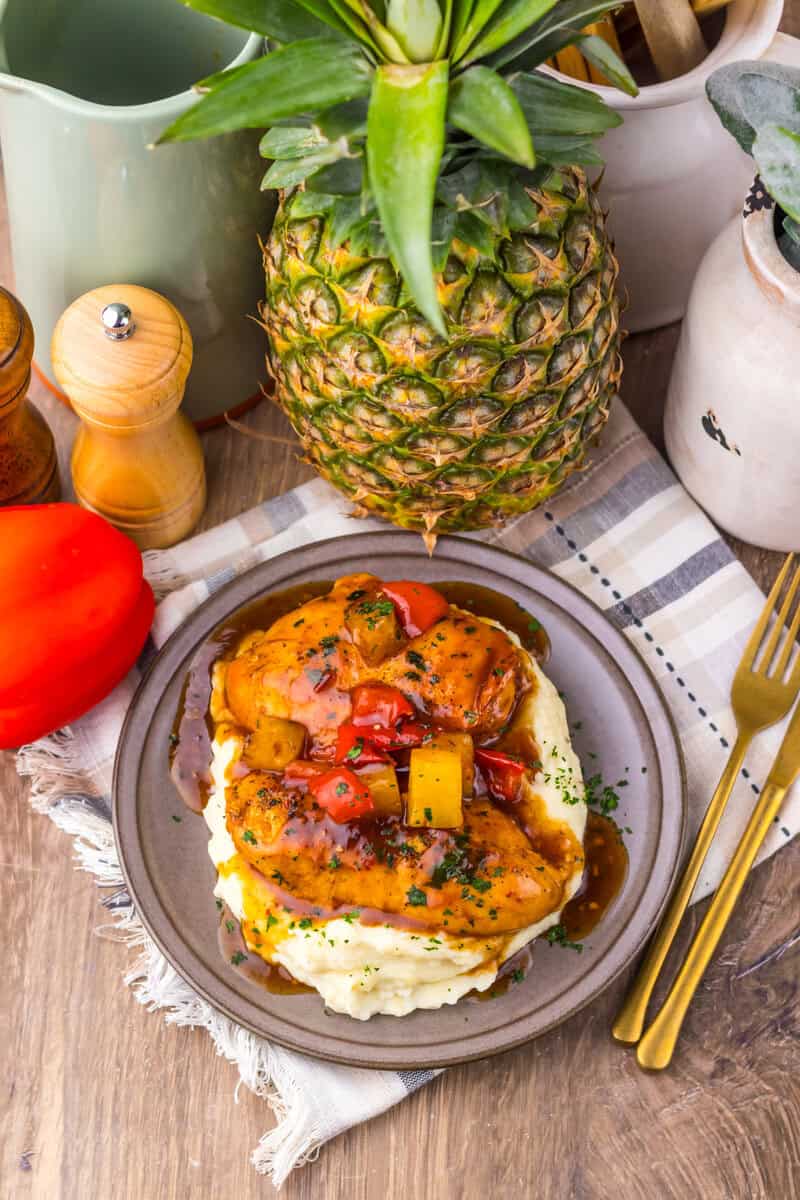crockpot pineapple chicken styled on a plate