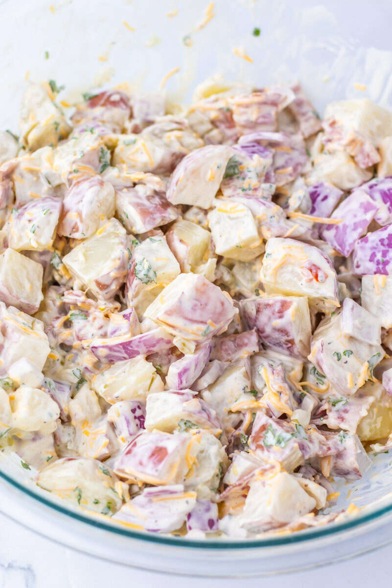 potato salad with dressing in a bowl