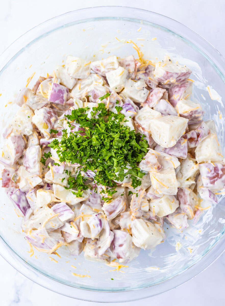 potato salad mixed up in a bowl