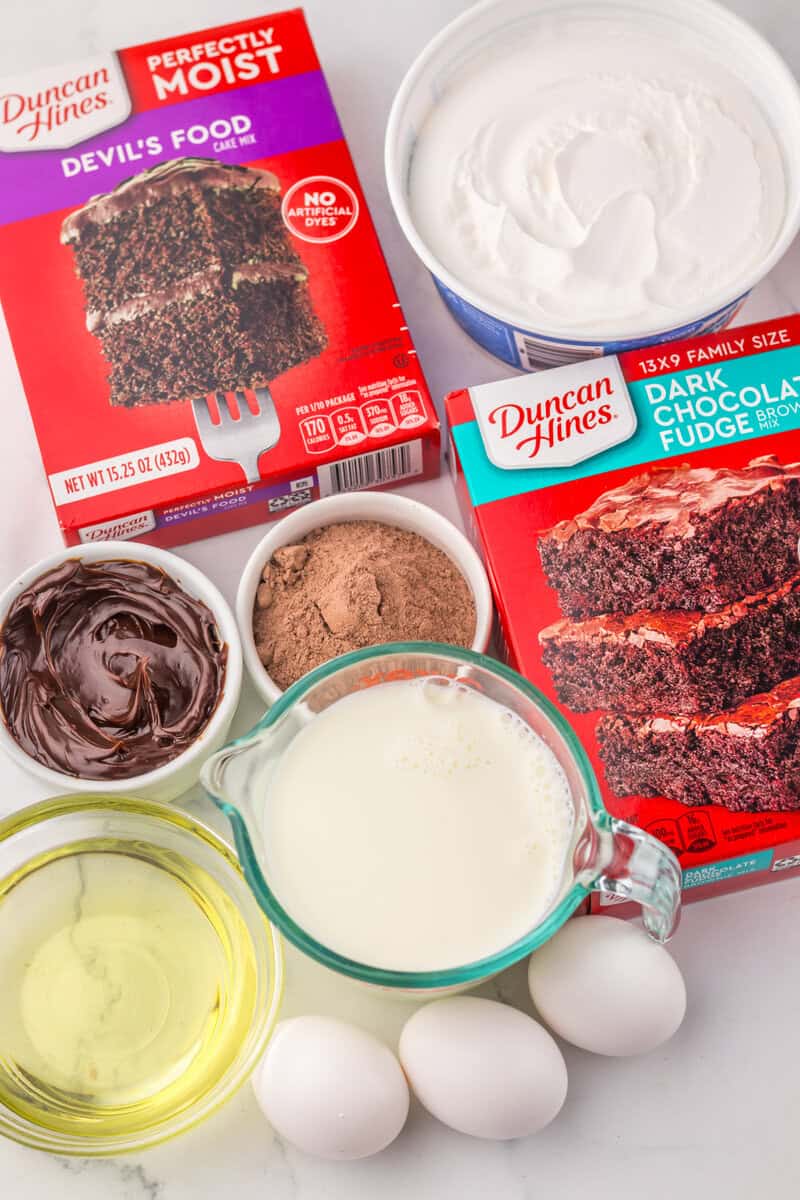 chocolate cake mix, eggs and ingredients for poke cake