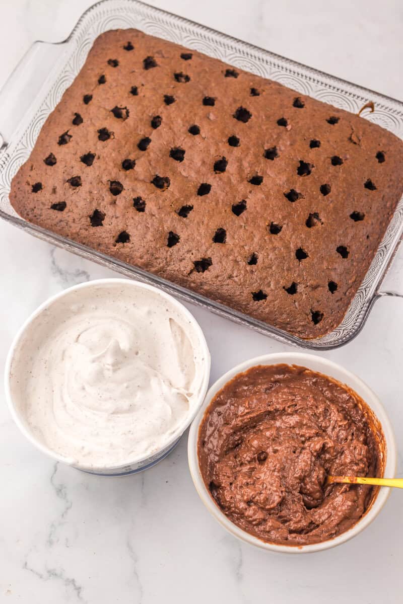 chocolate cake with holes poked in