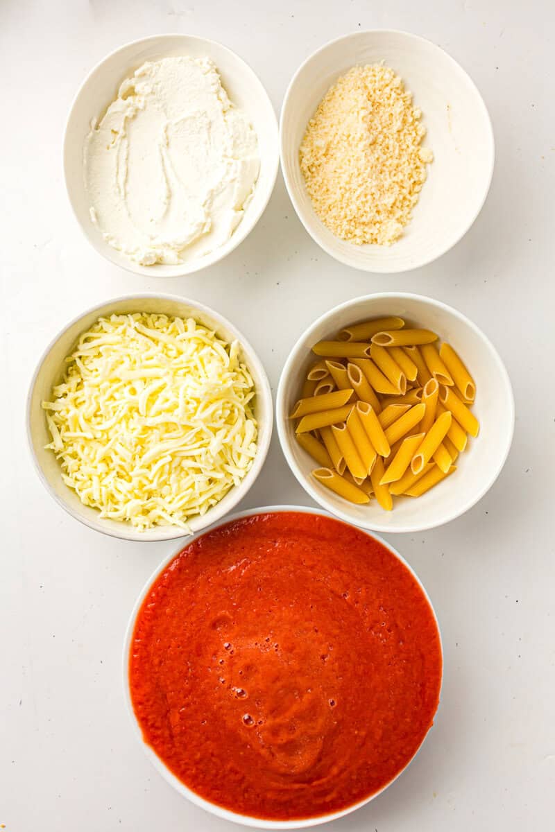 pasta, cheese and sauce for baked ziti
