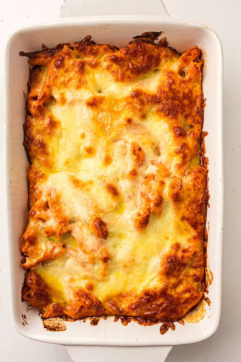 finished baked ziti with melty cheese on top