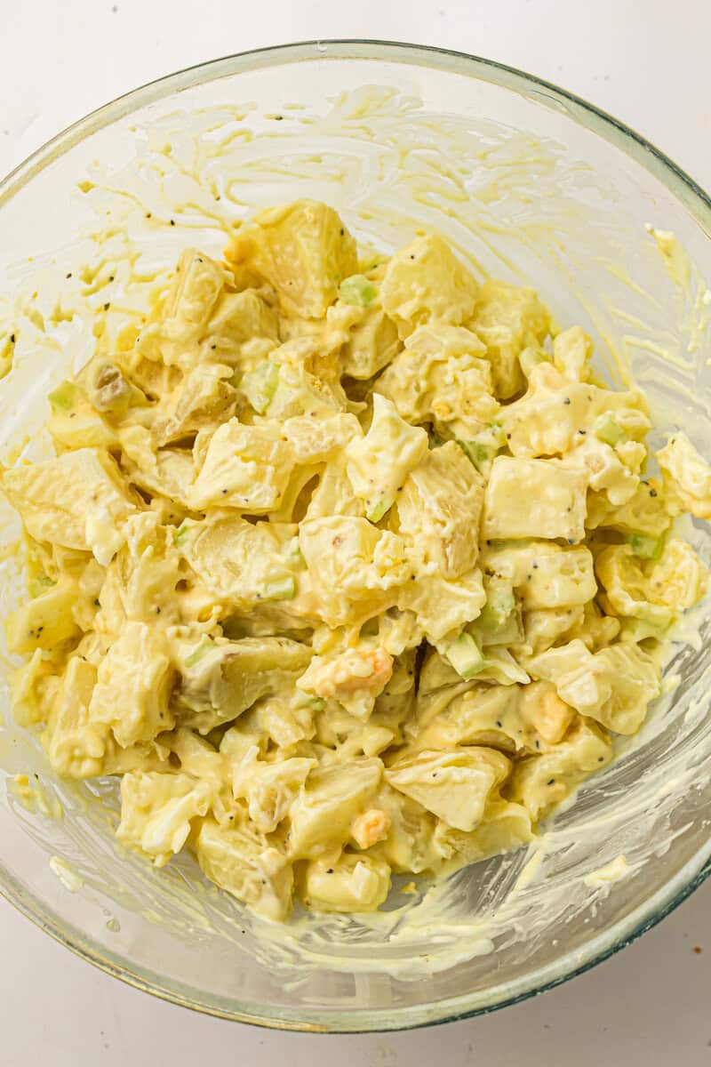 potato salad mixed in a bowl
