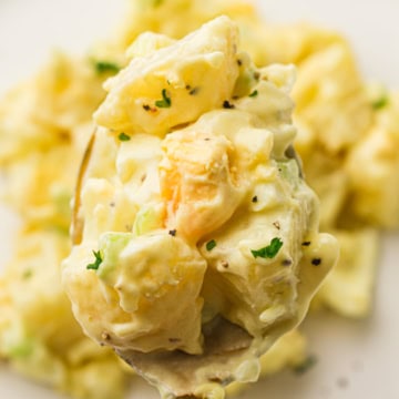 potato salad on a plate with a fork