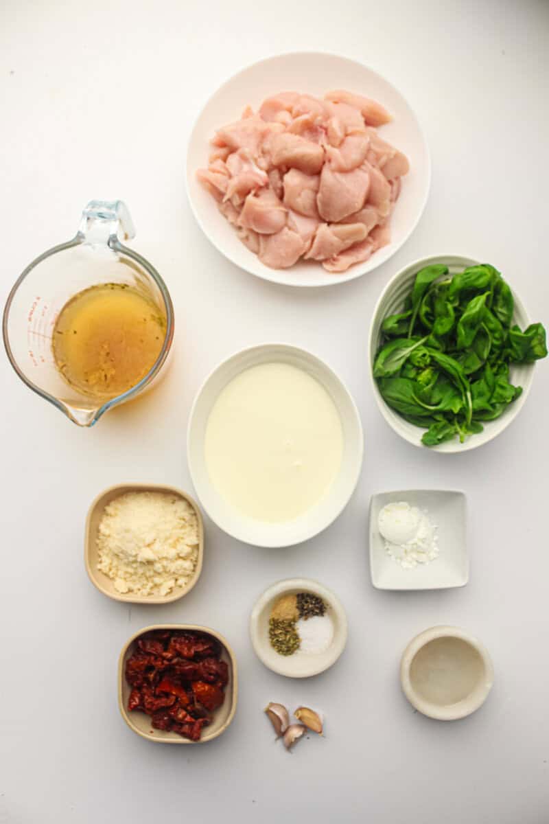 chicken, broth, cream and sun dried tomatoes in bowls