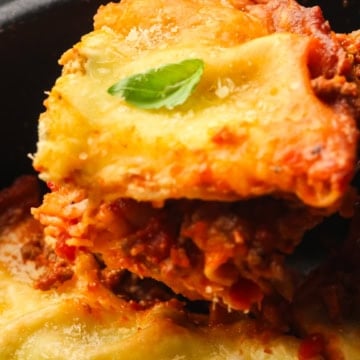 spoon with serving of lasagna