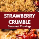Close-up of a strawberry crumble with a golden oat topping, and a spoonful revealing the crumbly texture and vibrant red strawberry filling.