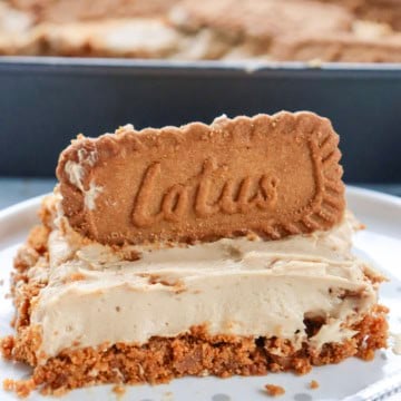 A slice of no bake Biscoff chesecake on a white plate with a Lotus Biscoff cookie on top and a fork nearby.