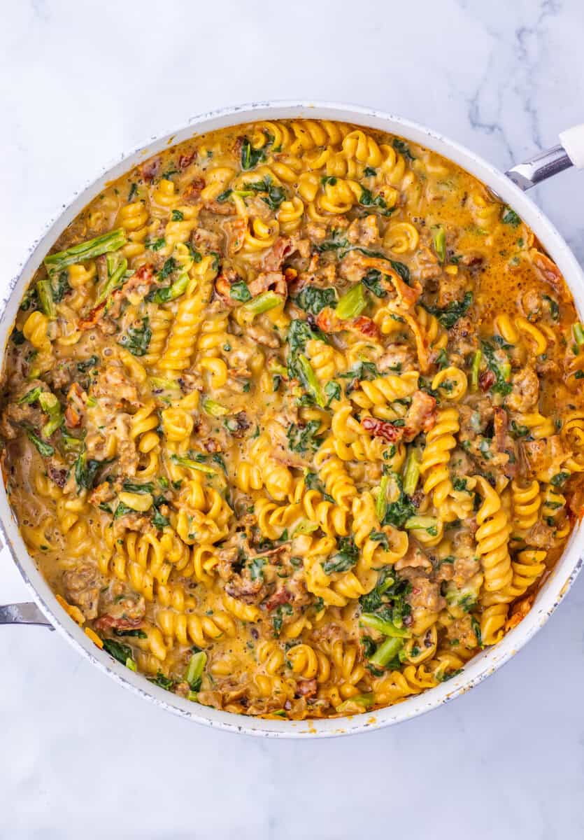 A pot of Zuppa Toscana pasta from overhead.