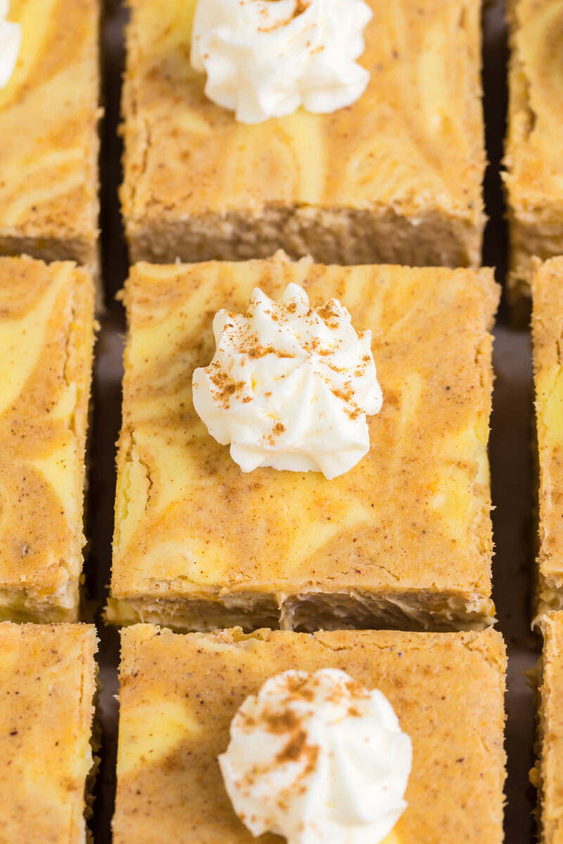 Slices pumpkin cheesecake bars topped with whipped cream and a sprinkle of cinnamon.