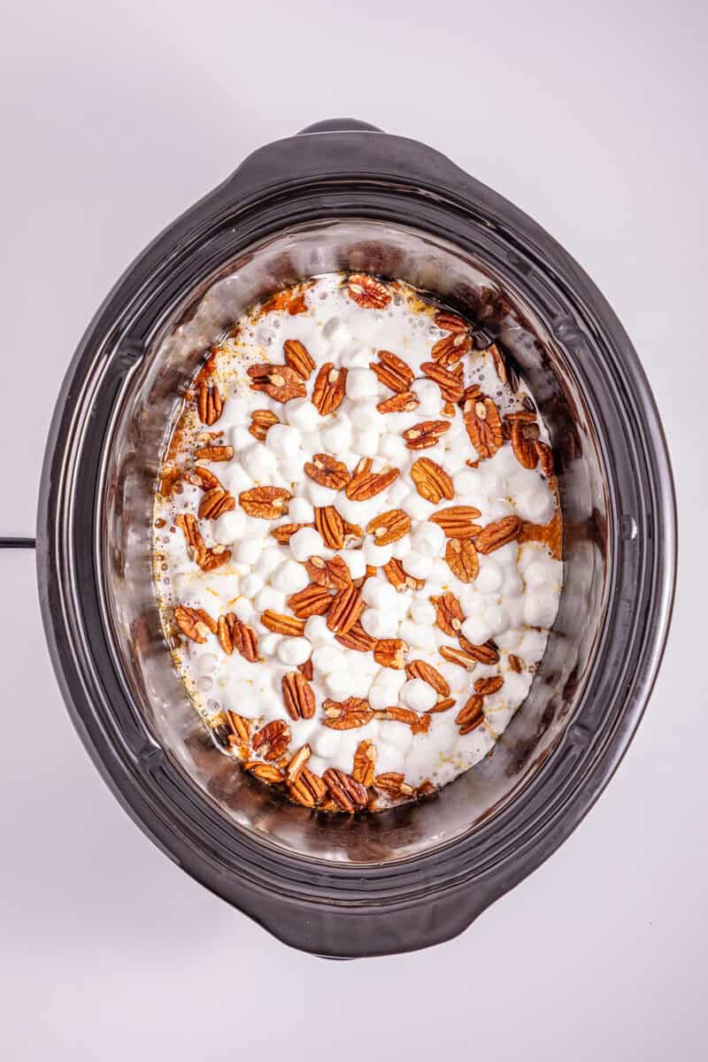 Sweet poato casserole topped with marshmallows.