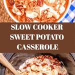 Slow cooker sweet potato casserole topped with marshmallows and pecans, served in a bowl and the slow cooker itself.