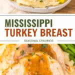 Sliced Crockpot Mississippi Turkey Breast with gravy, mashed potatoes, and green beans on a plate.